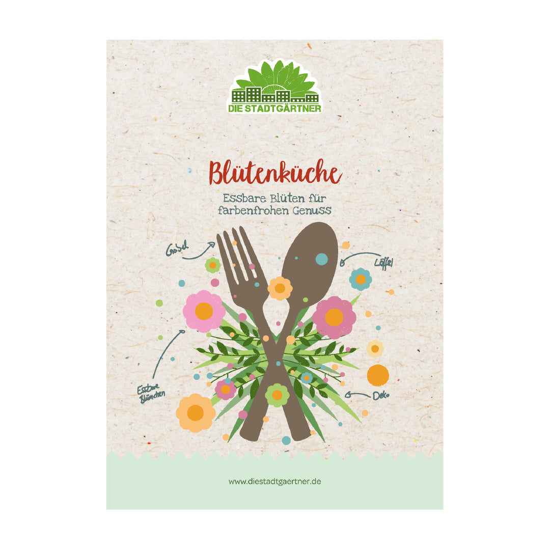 Affiche avec couverts et fleurs comestibles, texte « Flower Kitchen - Fleurs comestibles pour un plaisir coloré », logo « DIE STADTGÄRTNER »