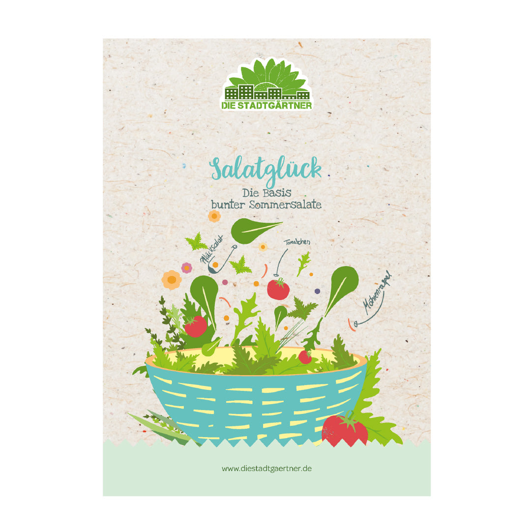 Illustration d'un panier de salade bleu rempli de diverses salades et légumes frais, logo et texte « Die Stadtgärtner - Salatglück, Die Basis bunter Sommersalate », adresse du site Web ci-dessous"