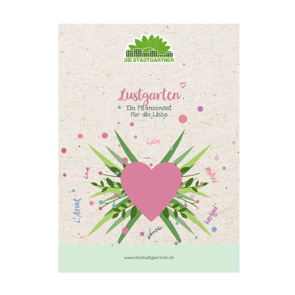 Emballage pour un ensemble de plantes avec un grand cœur rose, des feuilles vertes et l'inscription « Lustgarten – Un ensemble de plantes pour l'amour » sur fond beige.