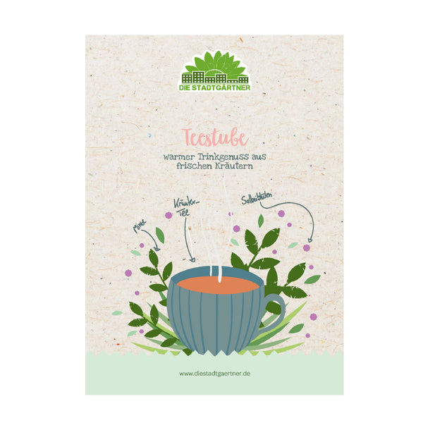 Illustration d'une tasse à thé avec des herbes, au-dessus le texte « Salon de thé – le plaisir de boire chaud à partir d'herbes fraîches » et le logo « Die Stadtgärtner ».