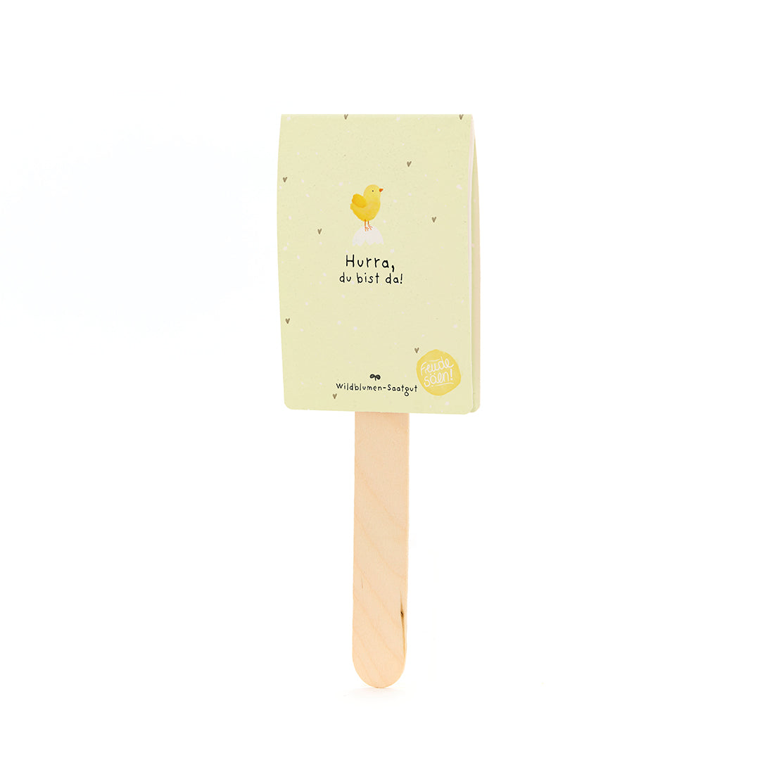 Carte jaune avec illustration de poussin et le texte « Hourra, vous êtes là ! » sur un bâton en bois.