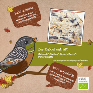 Illustration d'un oiseau sur une branche avec une boulette de graines pour oiseaux biologiques, entourée de feuilles d'automne et de zones de texte contenant des informations sur les ingrédients et la qualité de la boulette.