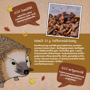 Illustration d'un hérisson, à côté un texte sur la qualité et les ingrédients d'un mélange alimentaire pour hérissons ainsi qu'une photo du mélange alimentaire avec des insectes et des morceaux de nourriture.