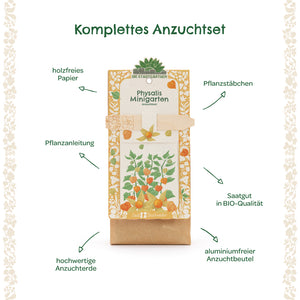 Kit de culture complet pour Physalis avec papier sans bois, tuteurs de plantation, instructions de plantation, graines biologiques, terreau de haute qualité et sac de culture sans aluminium.