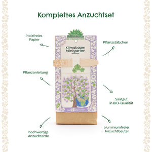 Kit de culture complet pour un mini jardin d'arbres climatiques avec des bâtons de plantation, des instructions de plantation, du papier sans bois, des graines biologiques, du terreau de haute qualité et un sac de culture sans aluminium.