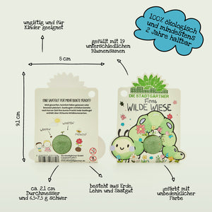 Recto et verso d'un sachet de graines écologique pour enfants avec un design coloré et des étiquettes sur la taille, les matériaux durables, l'encre non toxique et les détails d'utilisation.