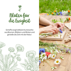 Une personne place des fleurs et des feuilles colorées sur une planche pour créer une image de presse à fleurs, à cÎté du texte : « Des fleurs pour l'éternité ».