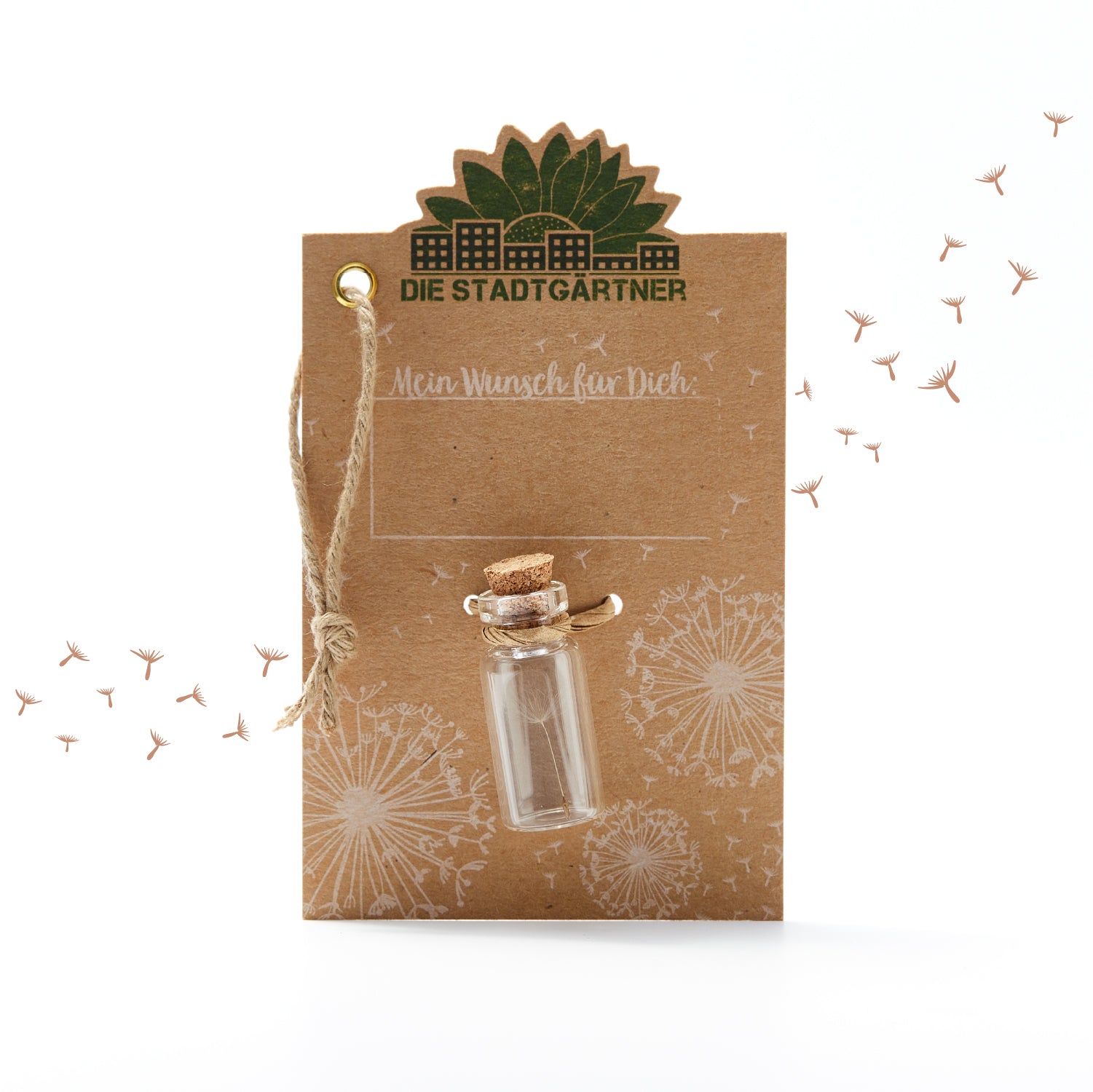 Carte marron avec l'inscription « Les Jardiniers de la Ville », une petite bouteille en verre et des pissenlits illustrés.