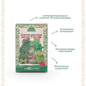 Emballage pour graines de légumes de jardin de « Die Stadtgärtner » avec emballage durable, 10 variétés de légumes différentes, graines biologiques à pollinisation libre et instructions de plantation pour chaque variété.