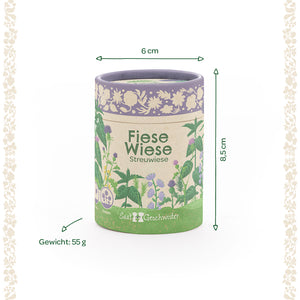 Boîte ronde avec l'inscription "Fiese Wiese Streuwiese", illustrations de fleurs, dimensions 6 cm de diamètre, 8,5 cm de hauteur, poids 55 g.