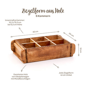Moule à briques en bois à 6 chambres, dimensions 42 x 24 x 10 cm, fabriqué à partir de bois de récupération avec ferrures métalliques, chaque moule est unique.