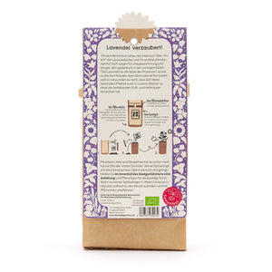Dos d'un emballage avec un motif floral violet et des instructions pour planter de la lavande, y compris des descriptions et des illustrations de chaque étape.