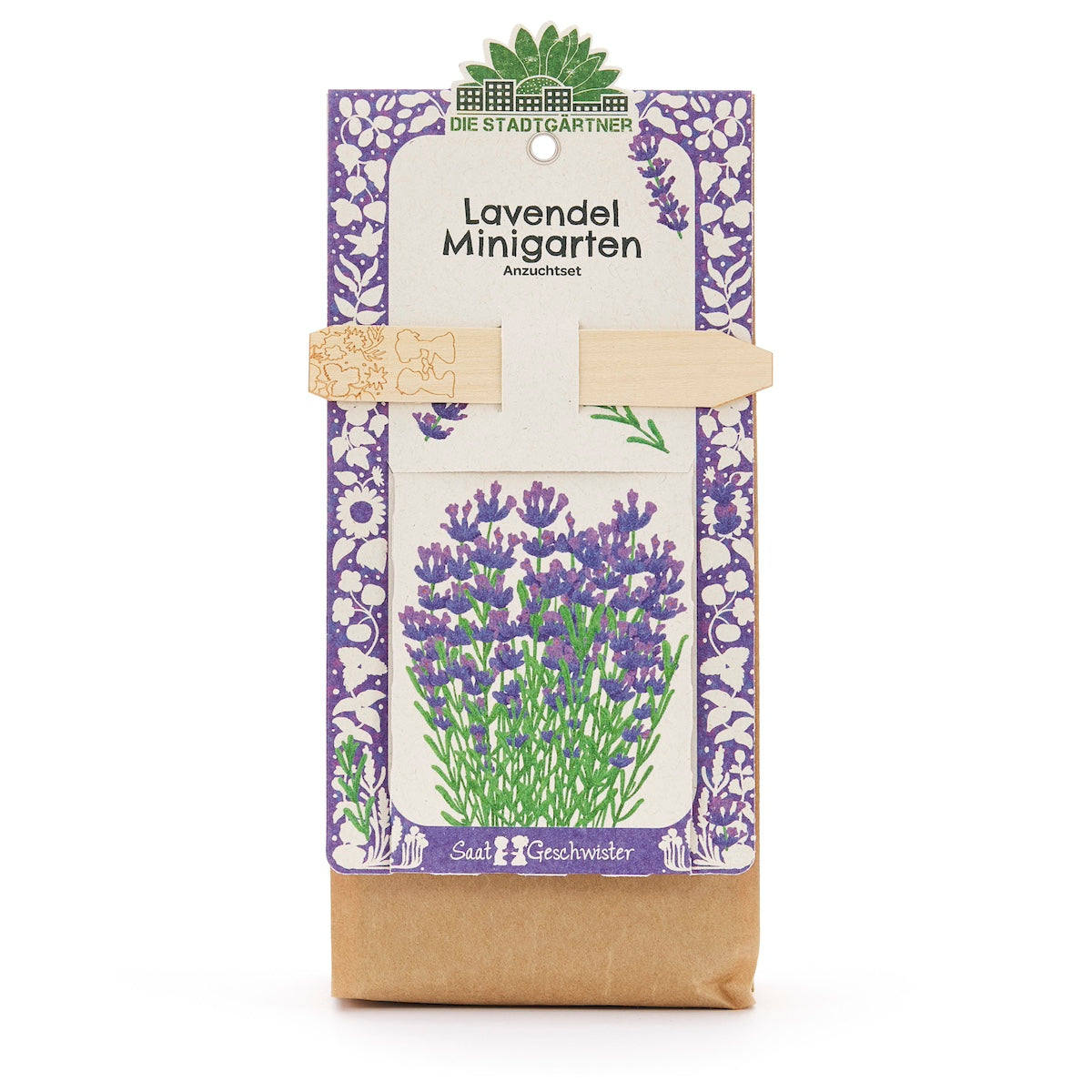 Kit de culture de mini jardin de lavande avec illustration de lavande violette et emballage décoratif.