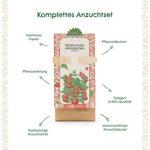 Illustration d'un kit de culture complet pour tomates sauvages avec instructions de plantation, tuteurs de plantation, terreau de haute qualité, graines biologiques, papier sans bois et sac sans aluminium.