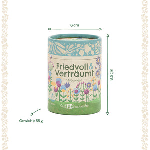 Boîte ronde de Saatgeschwister "Peaceful & Dreamy" avec illustration de fleurs, dimensions 6 cm de diamètre et 8,5 cm de hauteur, poids 55 g.