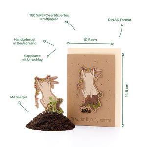 Carte pliante en papier kraft avec motif ours, enveloppe, graines et étiquettes allemandes pour les matériaux et les dimensions.