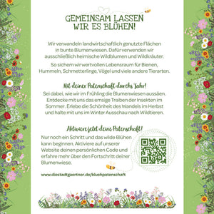 Infographie en allemand avec texte sur la création de prairies fleuries pour protéger les insectes et la faune, entourée d'illustrations de fleurs colorées et d'un code QR.