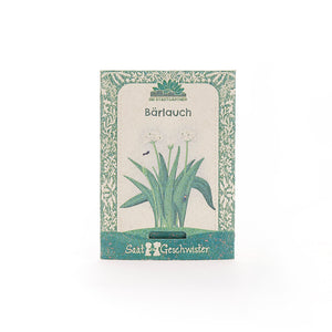 Sachet de graines d'ail des ours avec décor vert et illustration de la plante sur le devant.