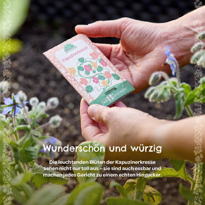 Mains tenant un sachet de graines étiqueté « capucine » dans le jardin, avec des plantes à fleurs à côté.