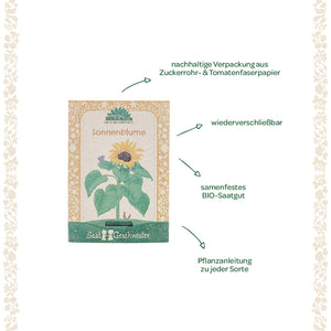Sachets de graines de tournesol fabriqués à partir de papier de canne à sucre et de fibres de tomate durables, refermables, avec des graines biologiques à pollinisation libre et des instructions de plantation.