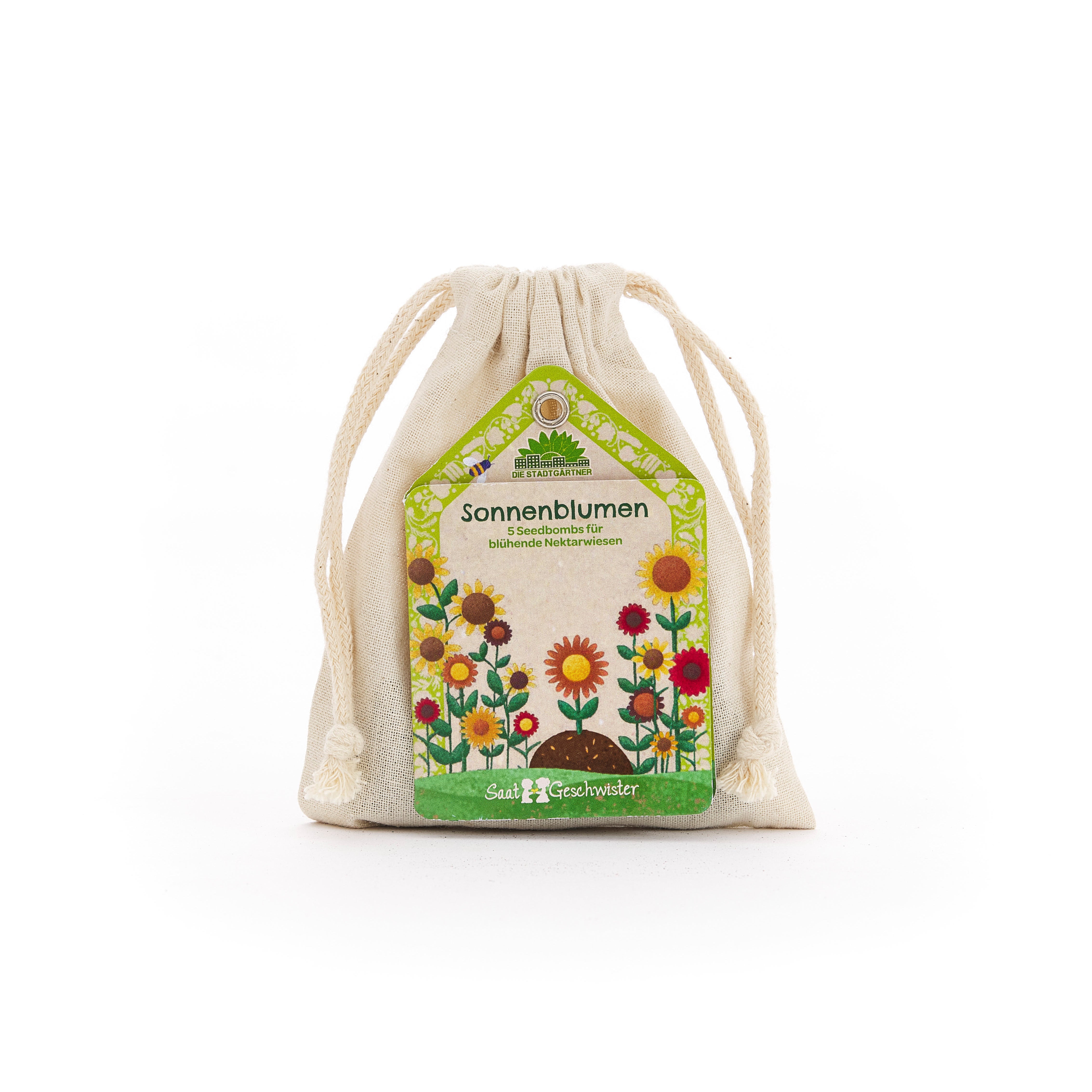 Sac en tissu avec étiquette "Sunflower Seed Bombs" et illustrations de fleurs colorées.