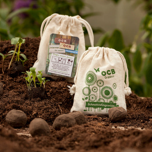 Deux sacs en tissu étiquetés « OCB Organic » avec de jeunes pousses de plantes sur une couche de terre, un paysage de jardin en arriÚre-plan.