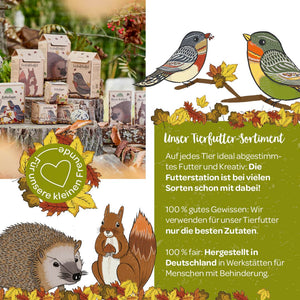 Emballage pour nourriture pour oiseaux à côté de feuilles d'automne avec des images d'un hérisson et d'un écureuil, ainsi qu'un texte publicitaire pour nourriture pour animaux de compagnie et une référence à la production équitable dans des ateliers pour personnes handicapées.