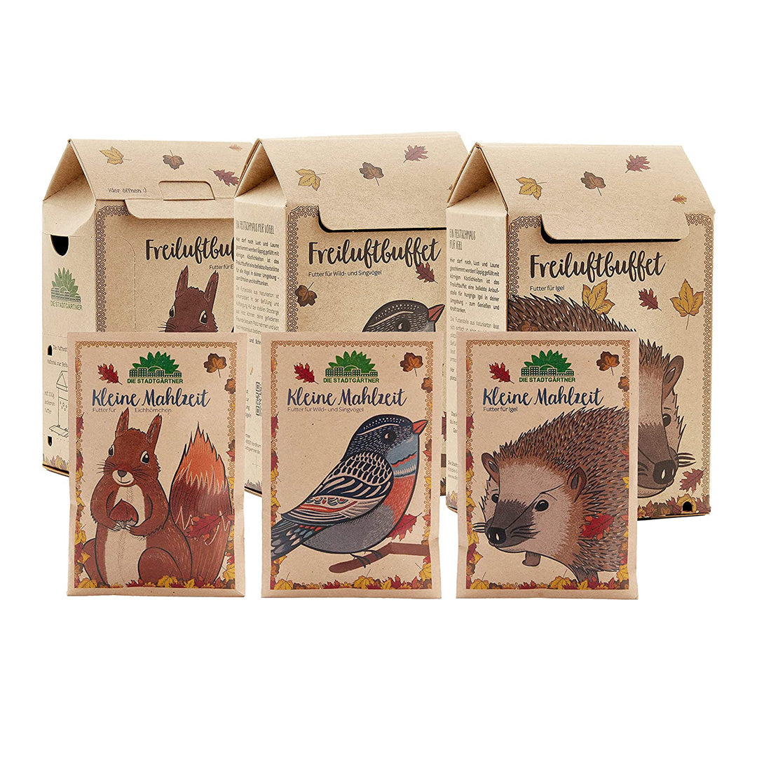 Emballage pour aliments destinés à la faune sauvage comportant des images d'un écureuil, d'un oiseau et d'un hérisson.