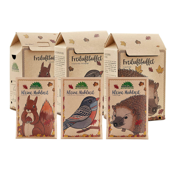 Emballage pour aliments destinés à la faune sauvage comportant des images d'un écureuil, d'un oiseau et d'un hérisson.