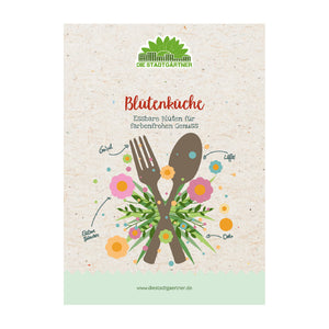 Affiche avec couverts et fleurs comestibles, texte « Flower Kitchen - Fleurs comestibles pour un plaisir coloré », logo « DIE STADTGÄRTNER »