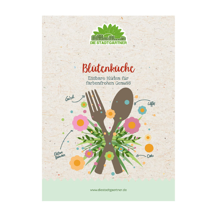 Affiche avec couverts et fleurs comestibles, texte « Flower Kitchen - Fleurs comestibles pour un plaisir coloré », logo « DIE STADTGÄRTNER »