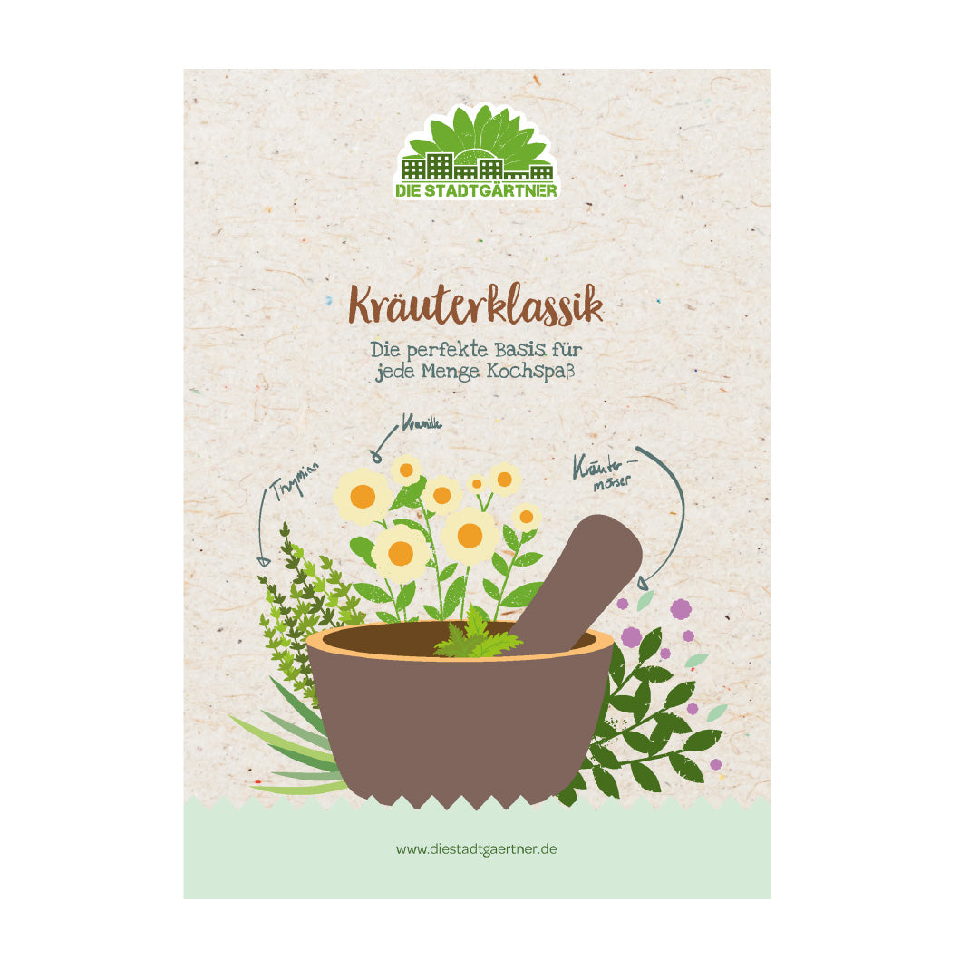 Illustration d'un mortier et d'un pilon avec des herbes et des fleurs, le texte "Kräuterklassik" (Herbes classiques) et le logo des jardiniers de la ville, faisant la publicité des ingrédients de cuisine.