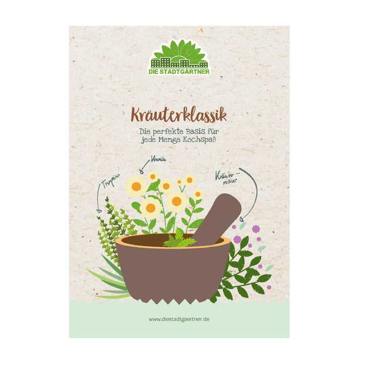 Illustration d'un mortier et d'un pilon avec des herbes et des fleurs, le texte "Kräuterklassik" (Herbes classiques) et le logo des jardiniers de la ville, faisant la publicité des ingrédients de cuisine.