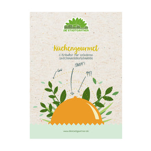 Illustration d'un emballage de plante à épices avec le texte « Kitchen gourmet, 6 herbes pour des expériences gustatives expérimentées » et le logo « Die Stadtgärtner » en haut.