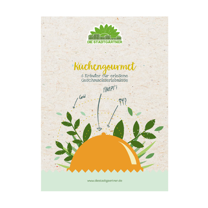 Illustration d'un emballage de plante à épices avec le texte « Kitchen gourmet, 6 herbes pour des expériences gustatives expérimentées » et le logo « Die Stadtgärtner » en haut.
