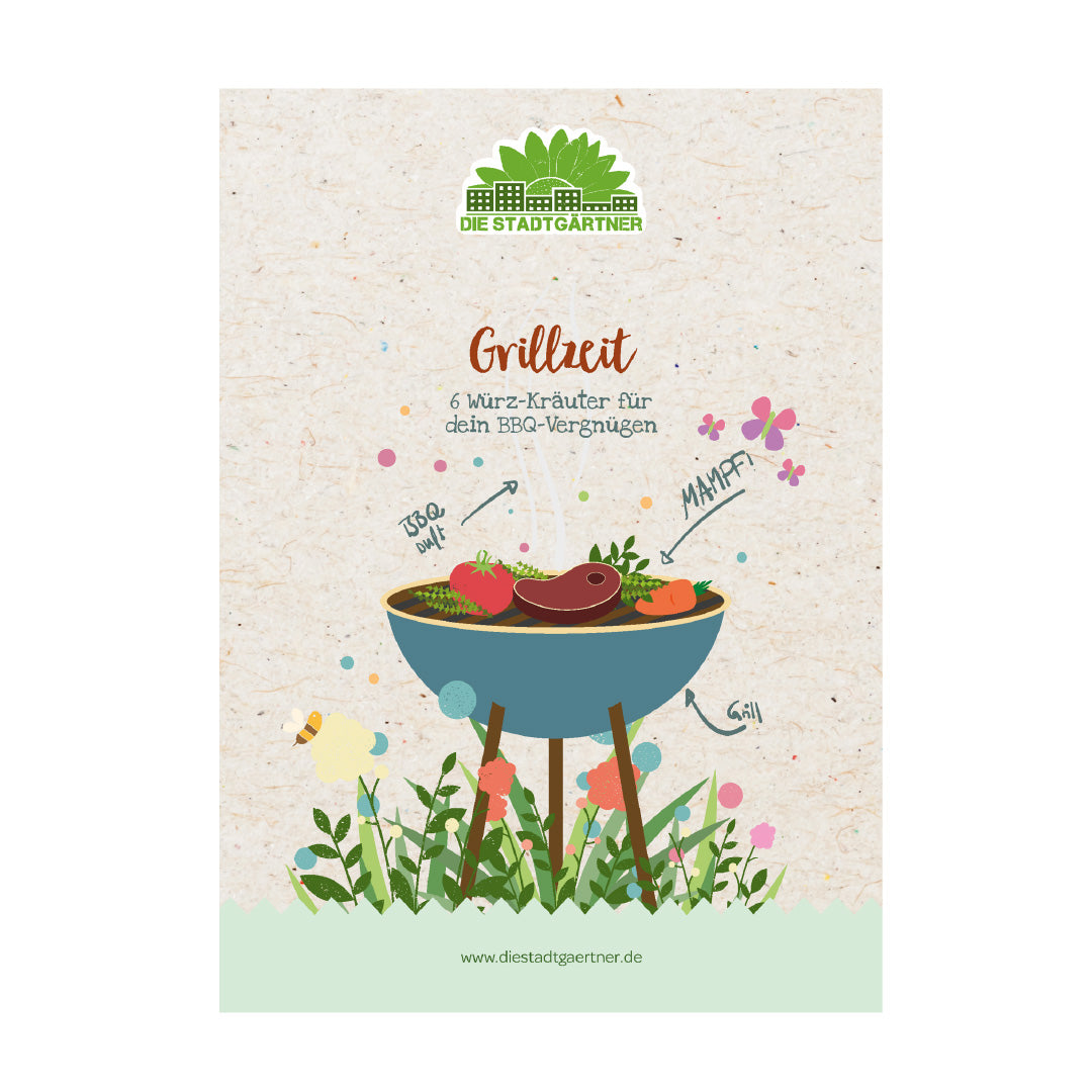 Illustration d'un barbecue avec des herbes et des légumes sur un gril, publicité pour « Die Stadtgärtner » avec le slogan « Grillzeit - 6 herbes épicées pour votre plaisir de barbecue ».