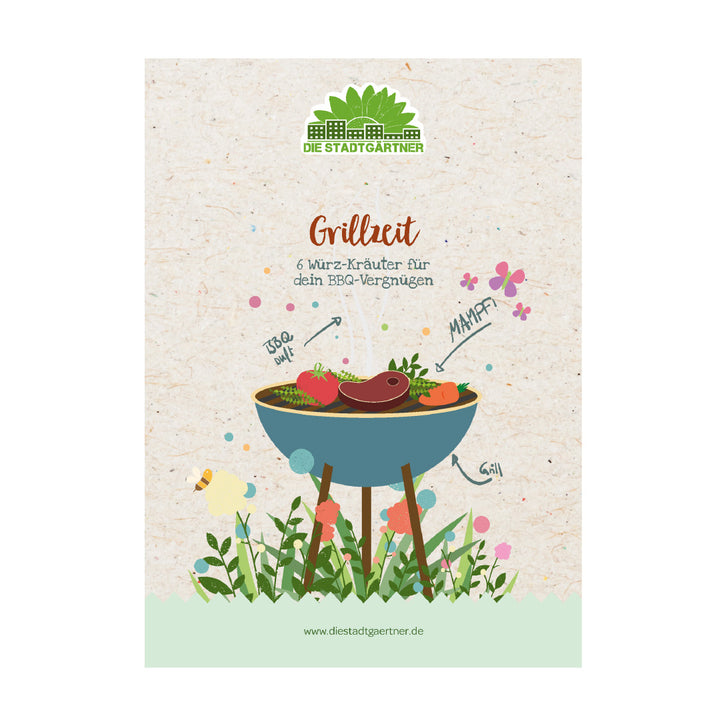 Illustration d'un barbecue avec des herbes et des légumes sur un gril, publicité pour « Die Stadtgärtner » avec le slogan « Grillzeit - 6 herbes épicées pour votre plaisir de barbecue ».