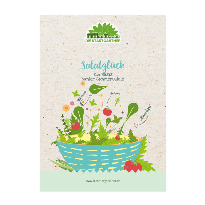 Illustration d'un panier de salade bleu rempli de diverses salades et légumes frais, logo et texte « Die Stadtgärtner - Salatglück, Die Basis bunter Sommersalate », adresse du site Web ci-dessous"