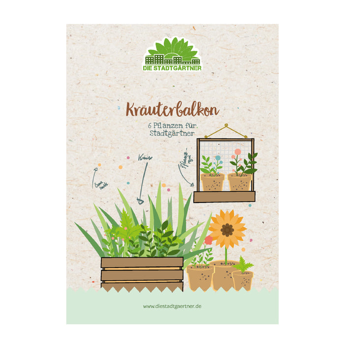 Illustration d'un concept de jardin d'herbes aromatiques pour le balcon avec une sélection de plantes et une adresse de site Web.