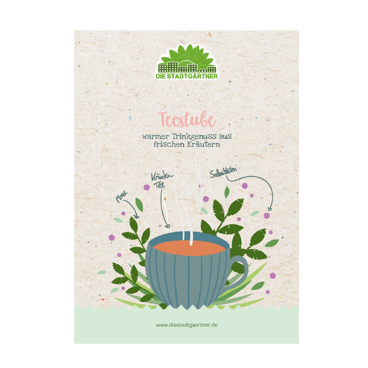 Illustration d'une tasse à thé avec des herbes, au-dessus le texte « Salon de thé – le plaisir de boire chaud à partir d'herbes fraîches » et le logo « Die Stadtgärtner ».