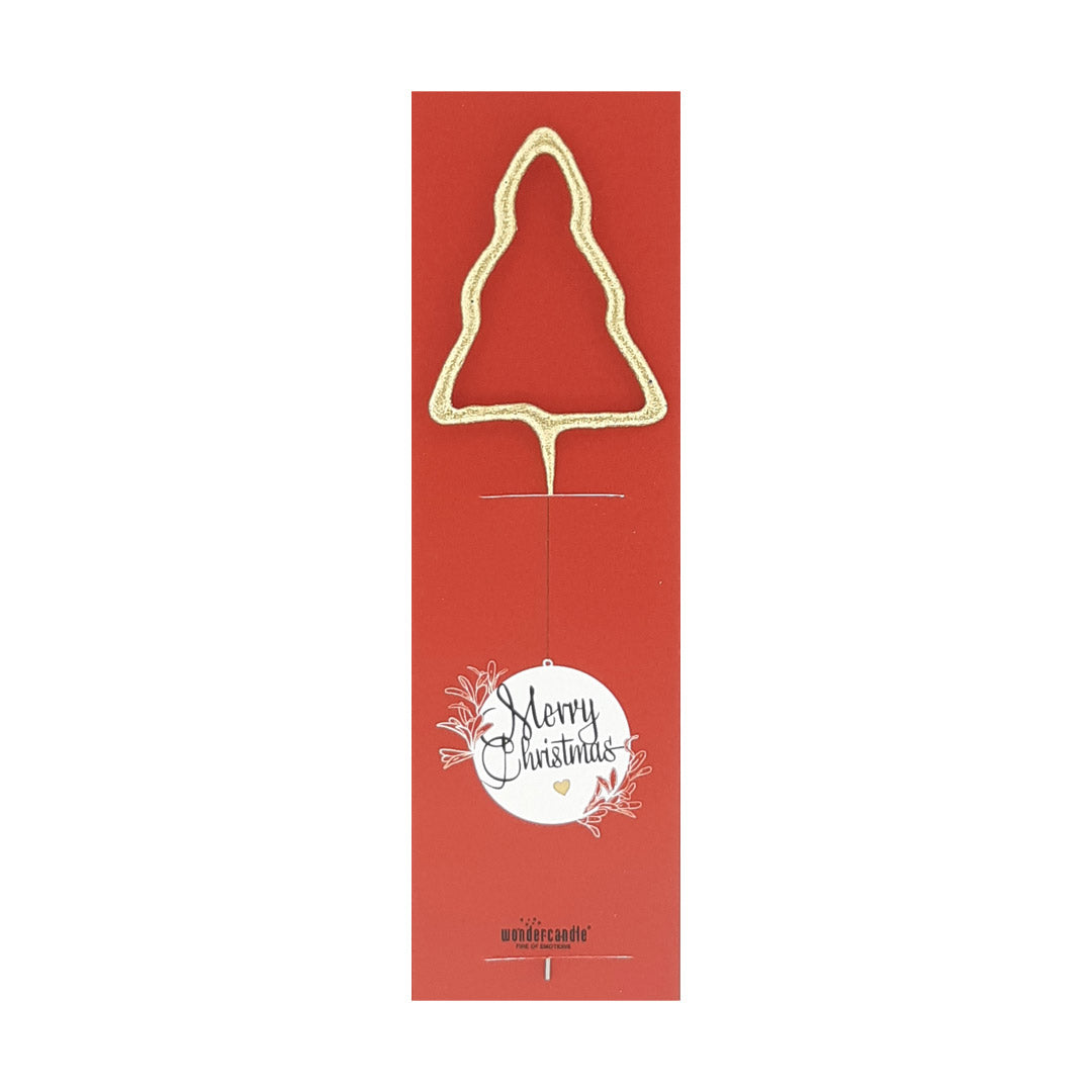 Carte de Noël rouge avec un sapin de Noël doré et l'inscription « Joyeux Noël ».