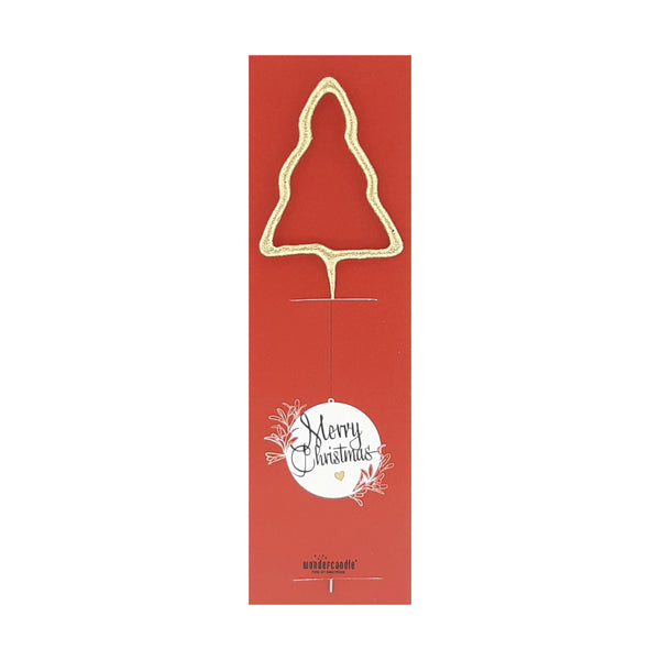 Carte de Noël rouge avec un sapin de Noël doré et l'inscription « Joyeux Noël ».