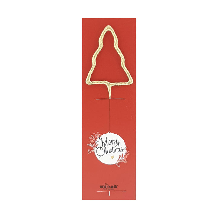 Carte de Noël rouge avec un sapin de Noël doré et l'inscription « Joyeux Noël ».
