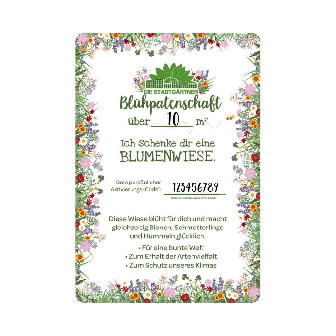 Bon cadeau pour un parrainage floral de 10 mètres carrés de prairie fleurie avec un cadre fleuri coloré et des informations sur la promotion de la biodiversité et de la protection du climat.
