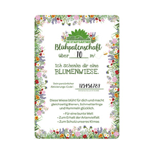 Bon cadeau pour un parrainage floral de 10 mètres carrés de prairie fleurie avec un cadre fleuri coloré et des informations sur la promotion de la biodiversité et de la protection du climat.