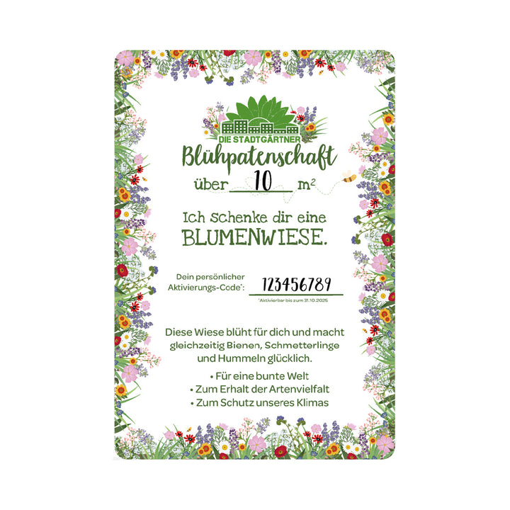 Bon cadeau pour un parrainage floral de 10 mètres carrés de prairie fleurie avec un cadre fleuri coloré et des informations sur la promotion de la biodiversité et de la protection du climat.