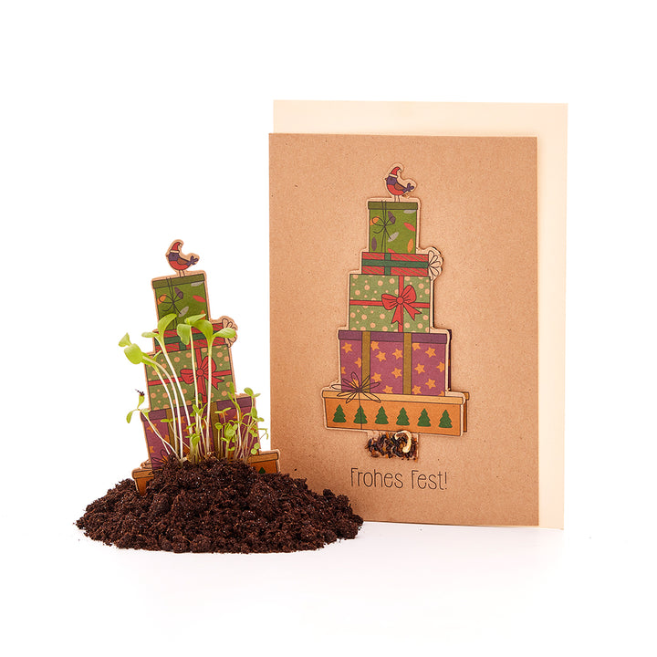 Carte de Noël avec des cadeaux et des graines à planter