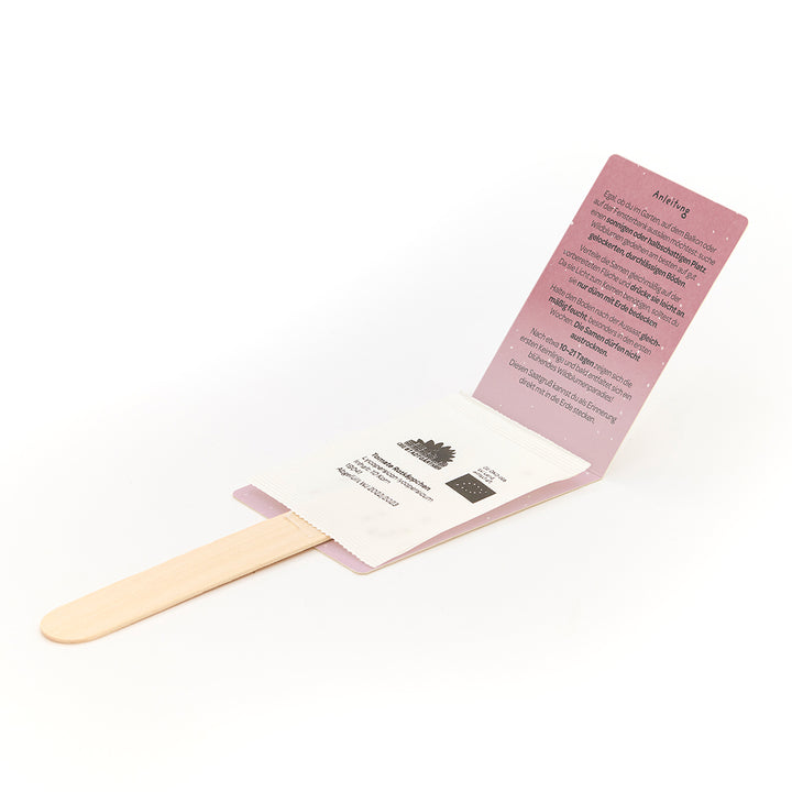 Un kit de culture avec un bâton en bois, un sachet de graines et des instructions dépliées en allemand.