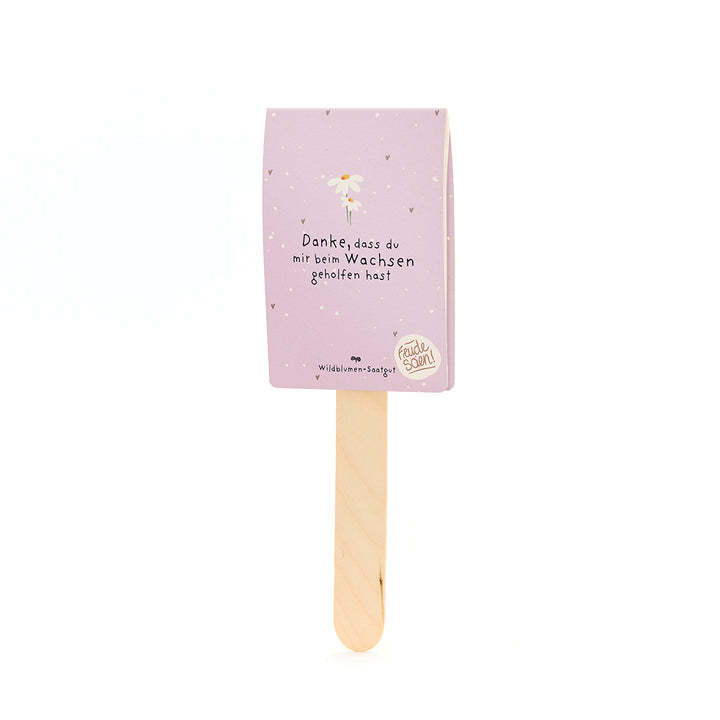 Bâton en bois avec une carte violette sur laquelle est écrit « Merci de m'aider à grandir » et « Graines de fleurs sauvages ».