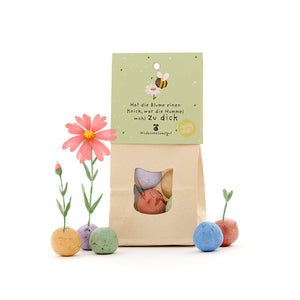 Sac en papier avec des bombes à graines colorées et l'inscription « Si la fleur est courbée, le bourdon était probablement trop gros », à côté des fleurs épanouies des bombes à graines.